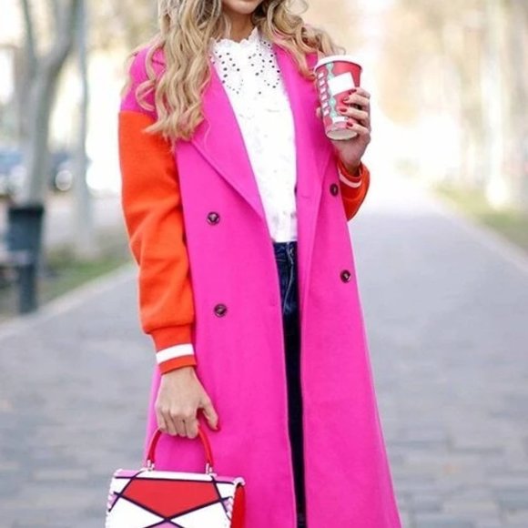 . Jackets & Blazers - Multicolor Casual Womens Colorblock Drop Shoulder Double Breasted Overco…